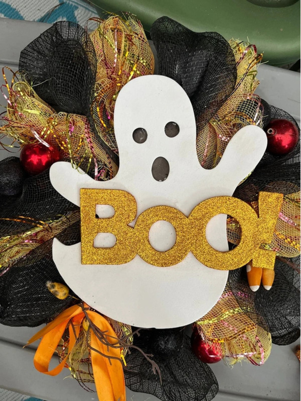 Halloween decor wreath black orange mesh